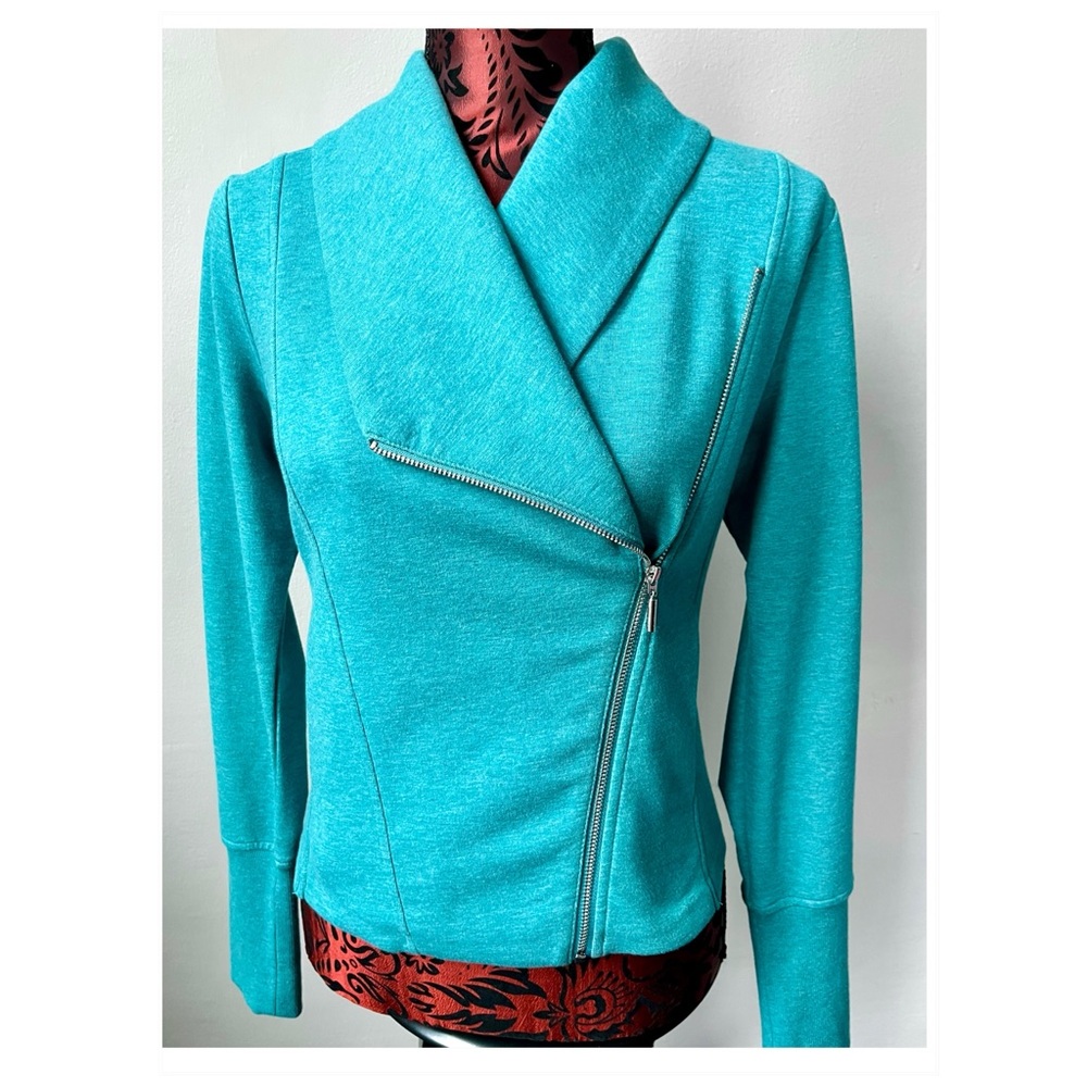 •H BY HALSTON Soft Teal/Aqua Full Zip Moto Blazer Jacket Size 4 - Small
